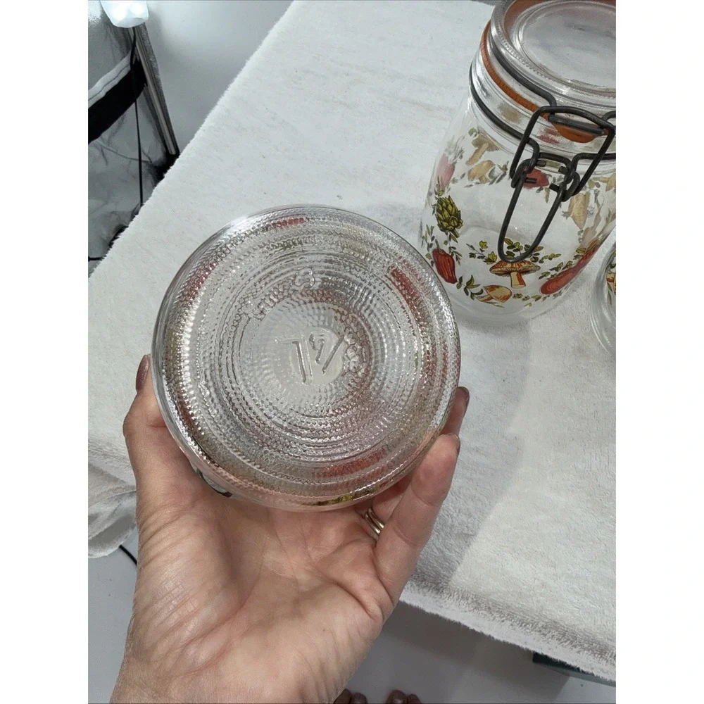 ARC France Vintage Spice Of Life Mushroom Veg Glass Canister Jar Set Of 3 1970s